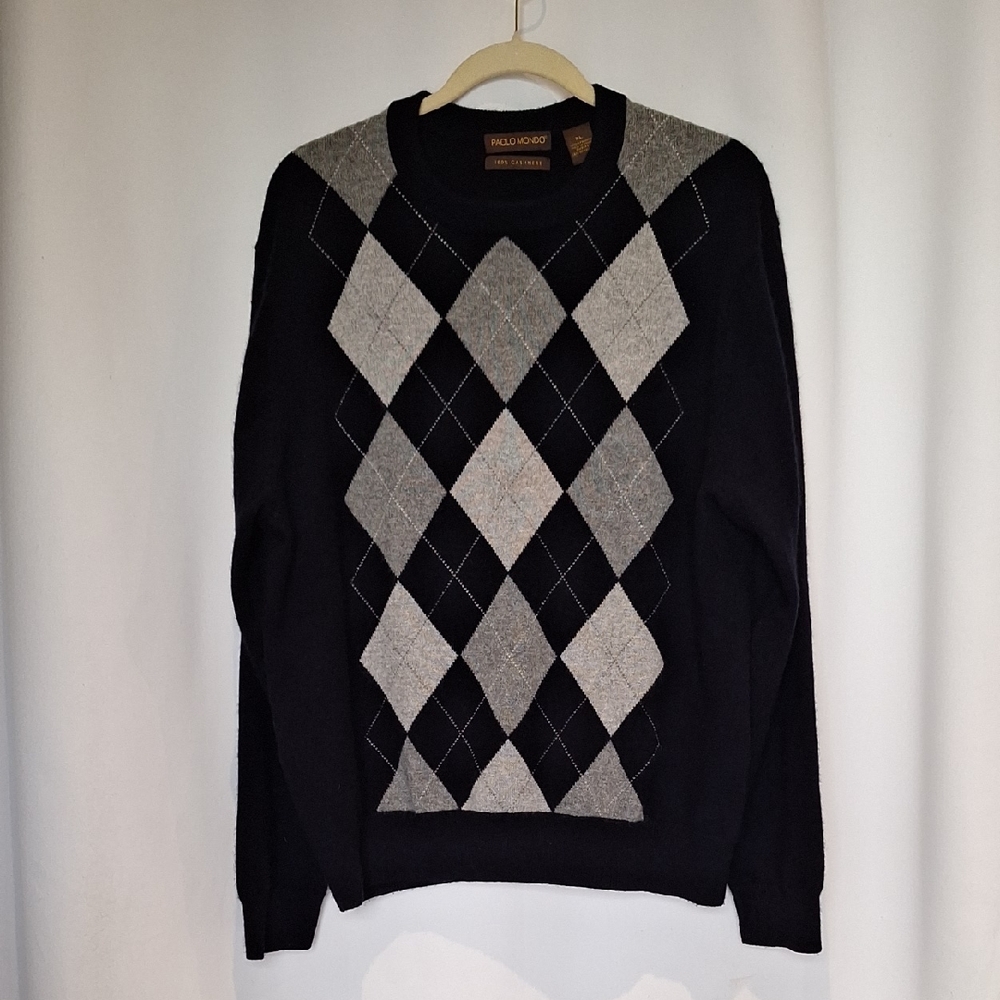 Paolo Mondo 100% Cashmere Black and Gray Argyle Crewneck Preppy Sweater Size XL